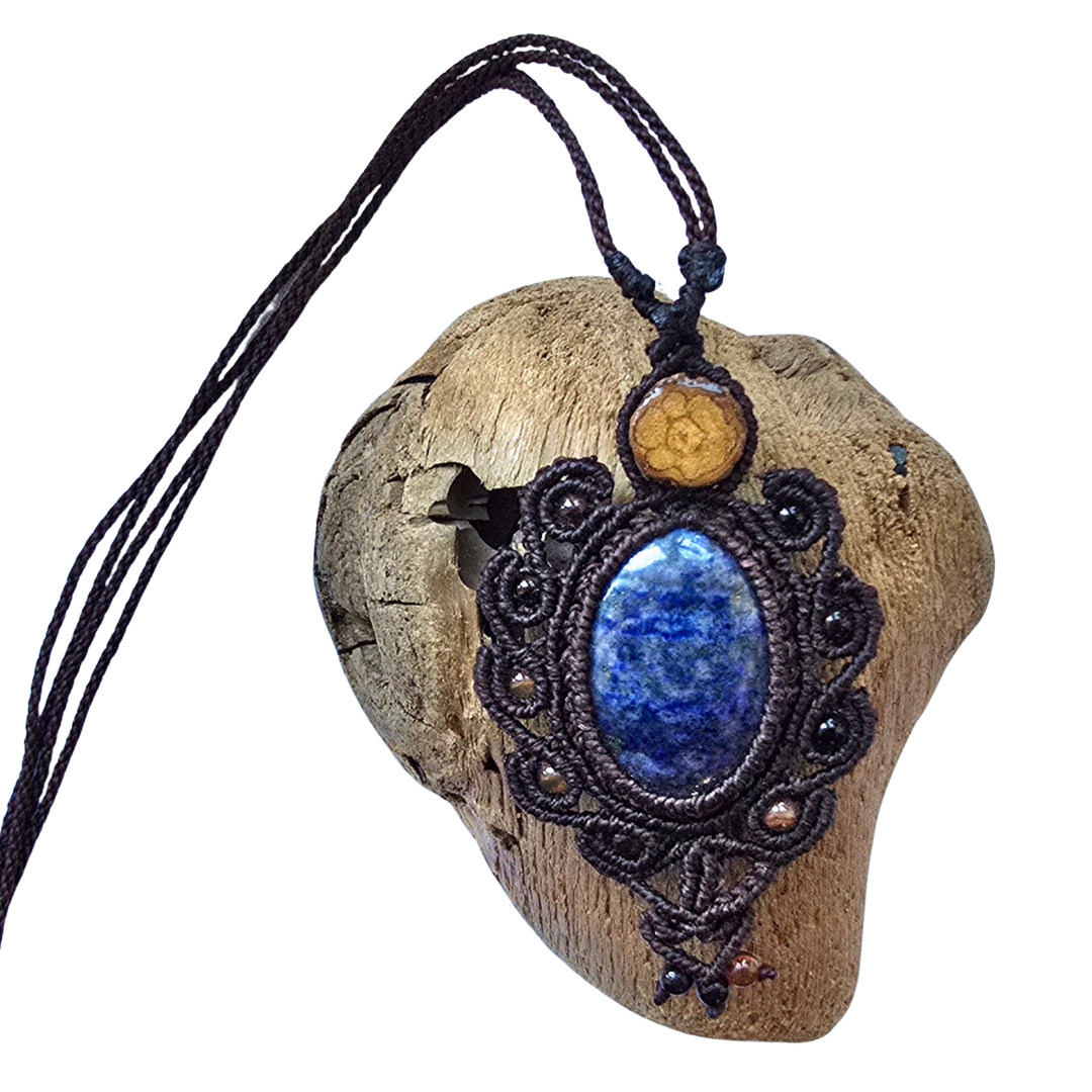 Fancy sodalite and ayahuasca vine macrame necklace from the Peruvian Amazon