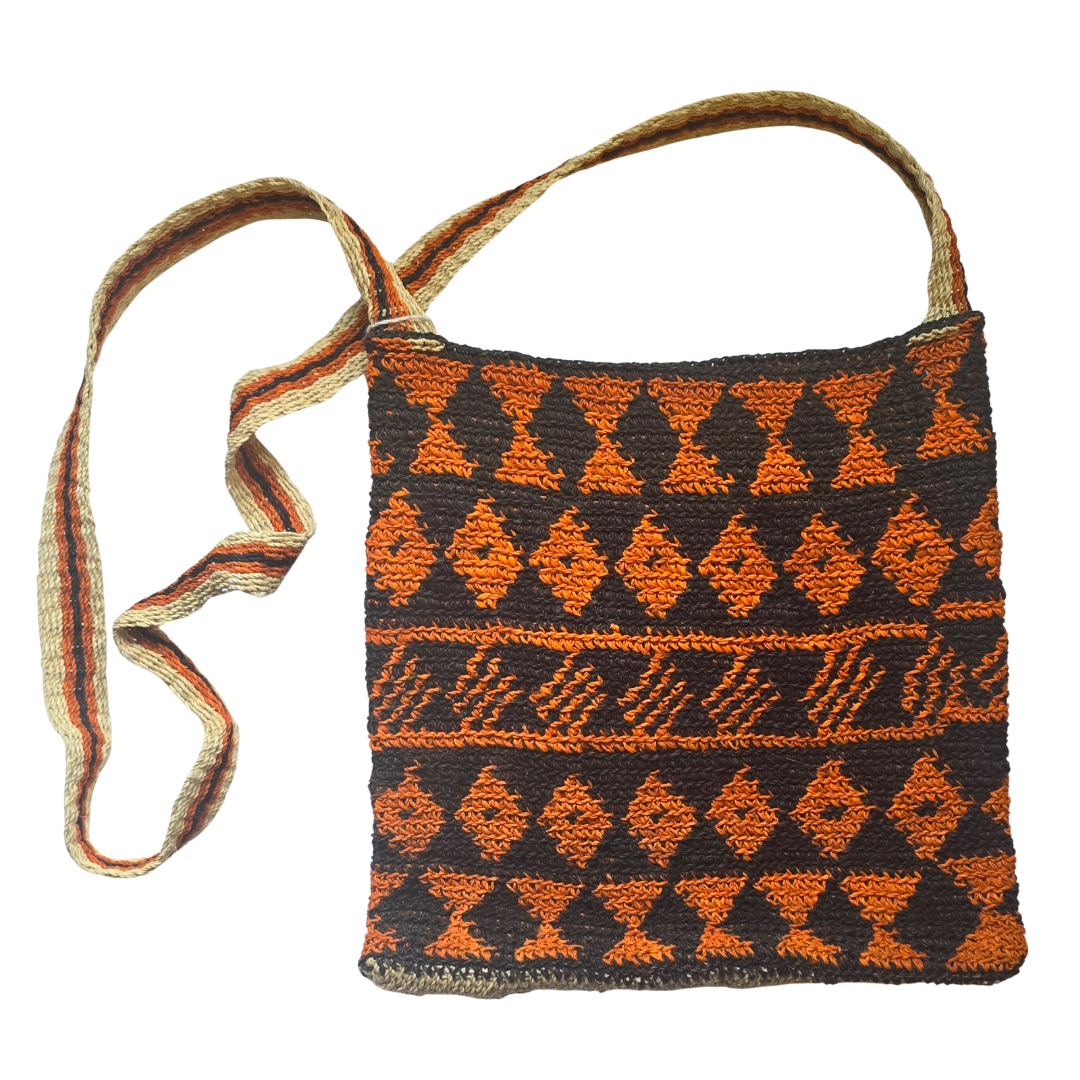 Handmade Chambira Shoulder Bag from Peru with black, and orange native figures - Amazon Ecology