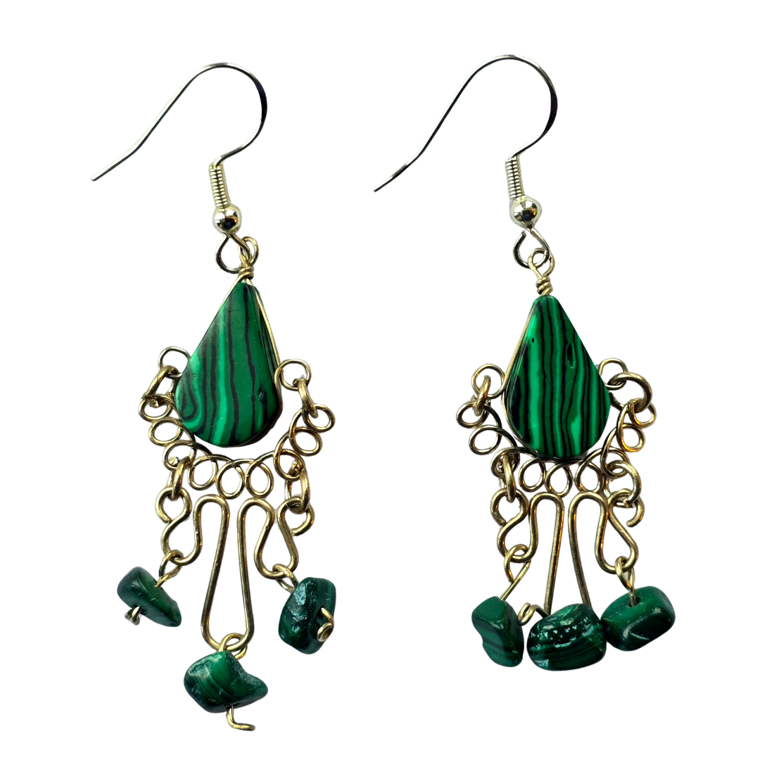 Malaquite teardrop stone and silver wire earrings - from the Peruvian Amazon