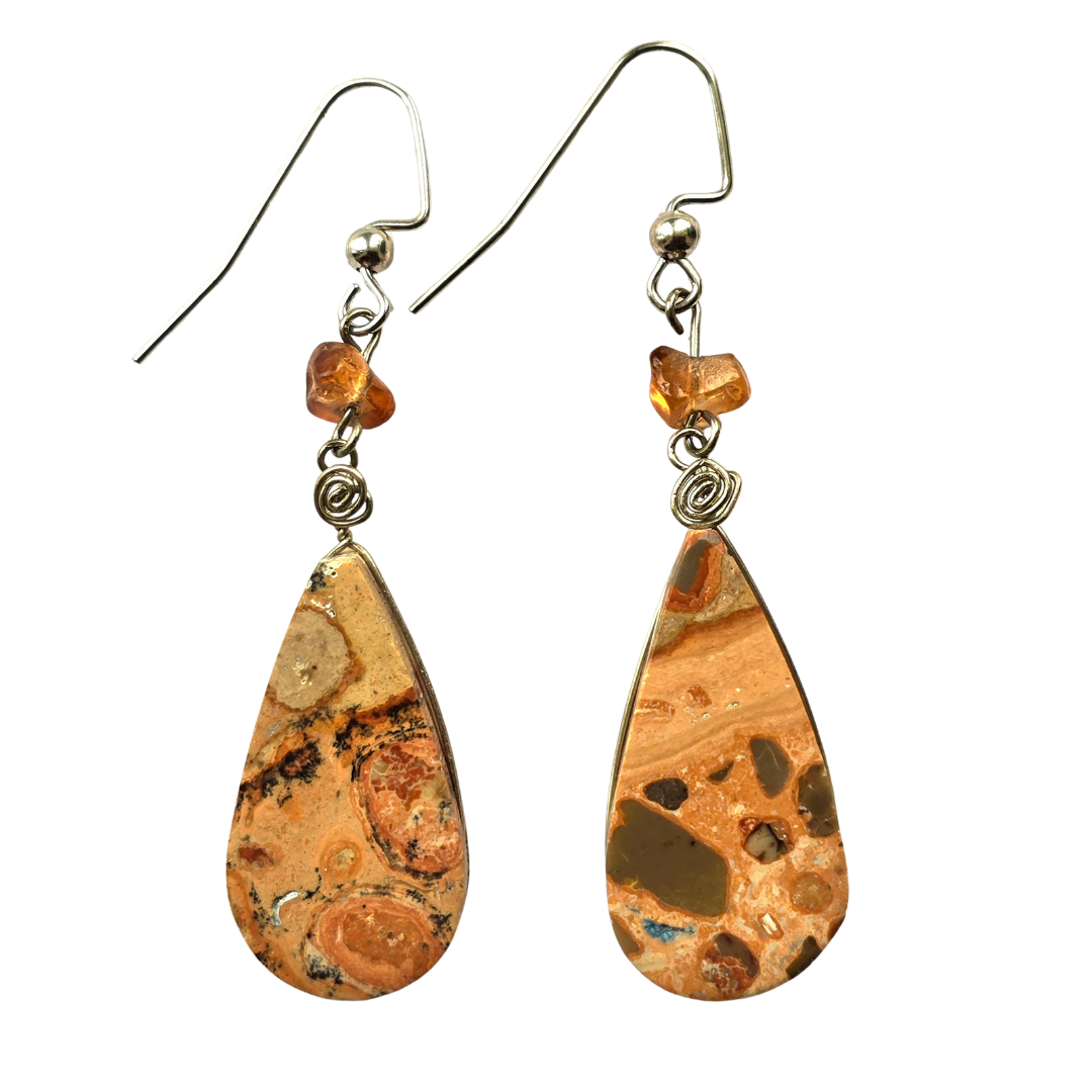 Leopard Jasper teardrop stone and silver wire earrings - from the Peruvian Amazon