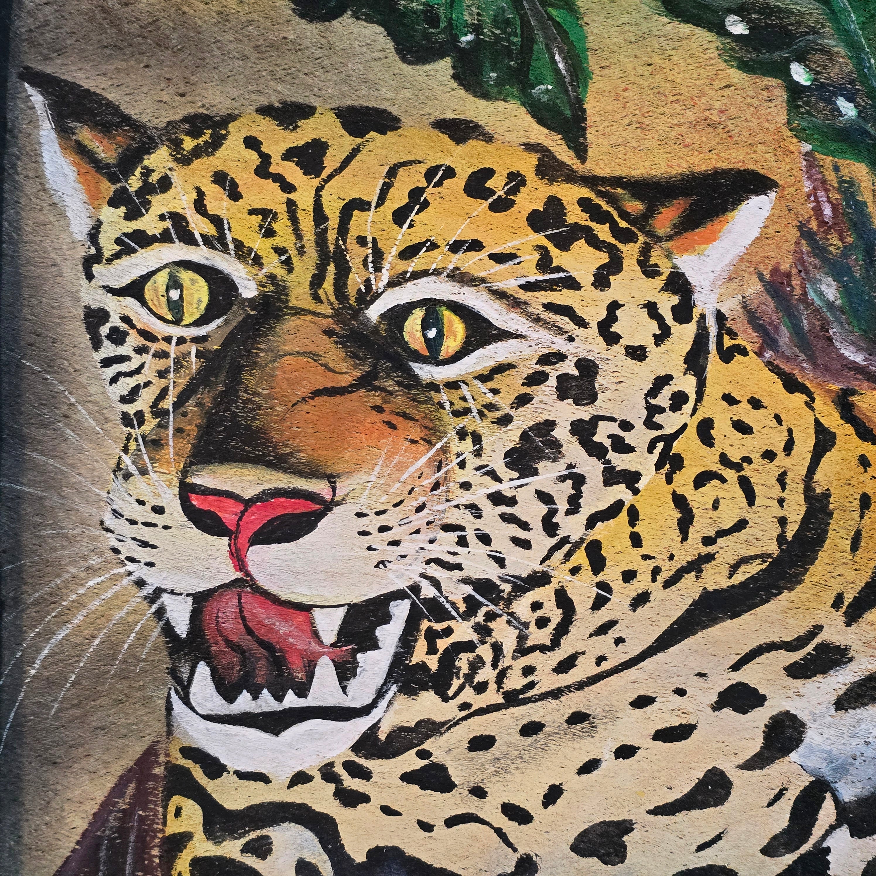 Jaguar paintings on llanchama tree bark canvas by indigenous Huitoto artisans from the Peruvian Amazon