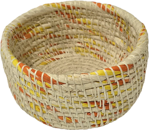 White chambira woven pots colored swirls with open top - handmade by Peruvian artisan