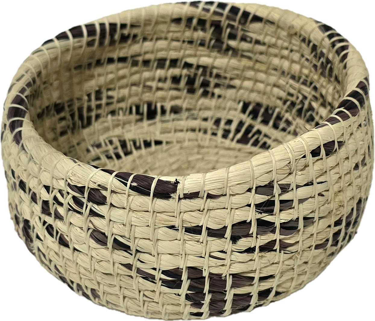 White chambira woven pots colored swirls with open top - handmade by Peruvian artisan