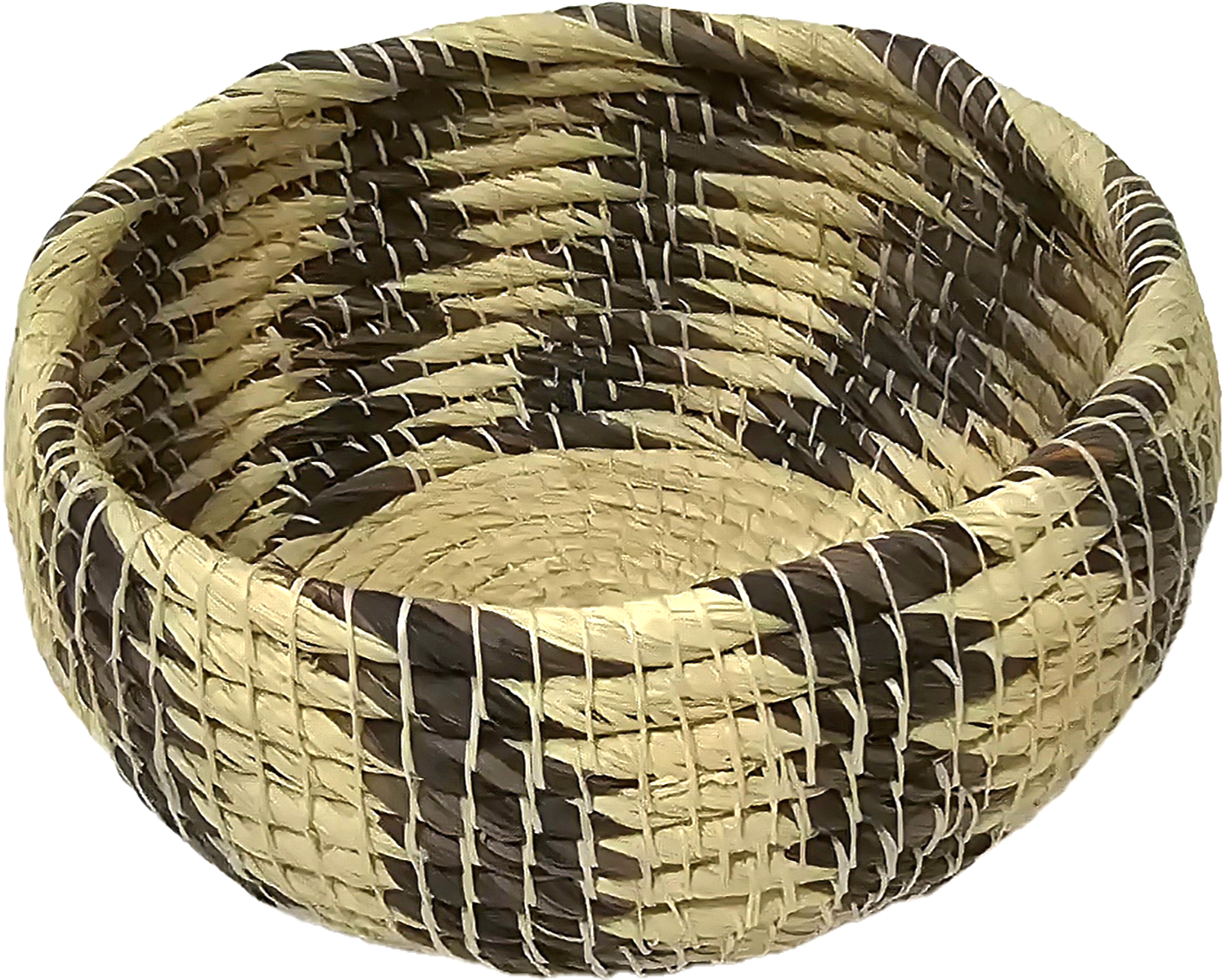 White chambira woven pots colored swirls with open top - handmade by Peruvian artisan