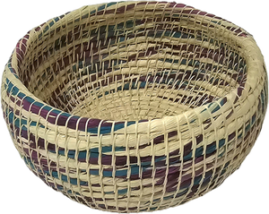 White chambira woven pots colored swirls with open top - handmade by Peruvian artisan