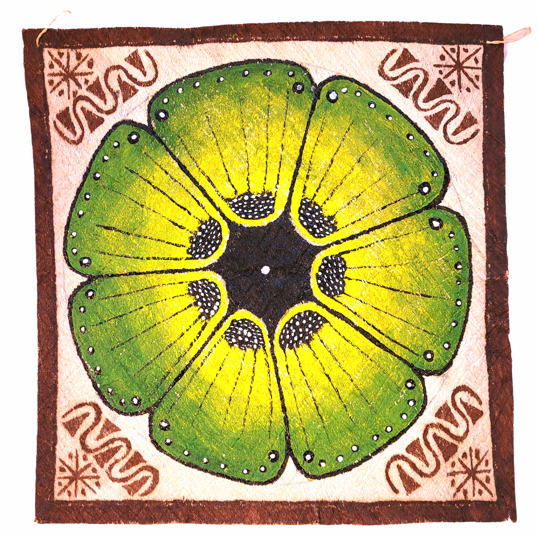 Kukama ayahuasca flower painting on llanchama tree bark canvas - made by Peruvian Amazon artists