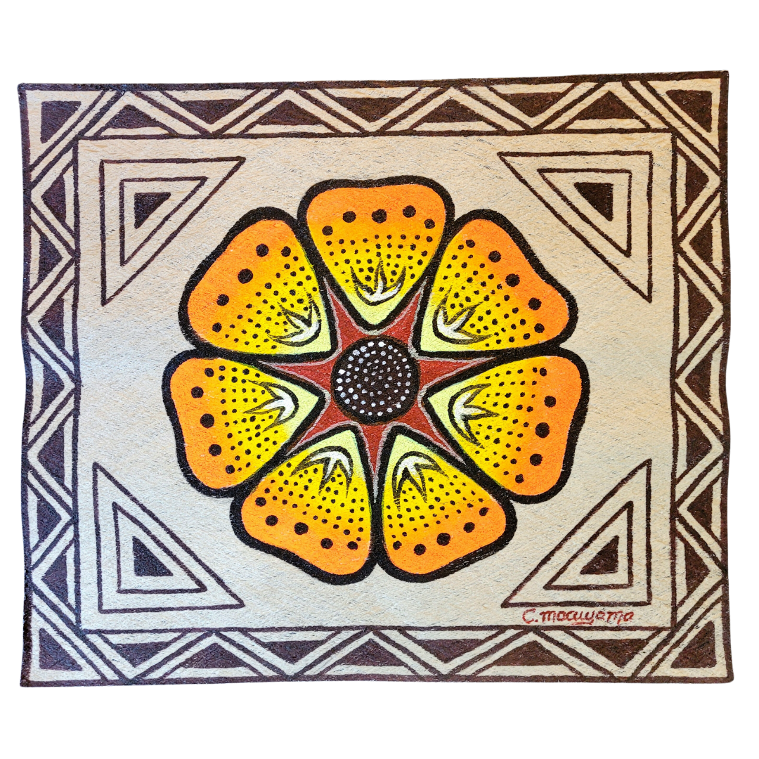 Kukama ayahuasca flower painting on llanchama tree bark canvas - made by Peruvian Amazon artists