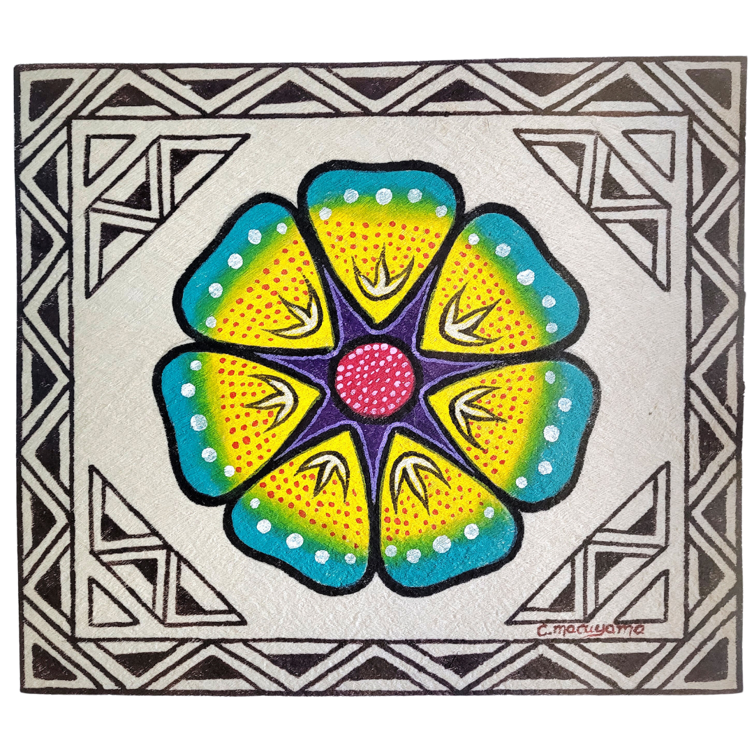 Kukama ayahuasca flower painting on llanchama tree bark canvas - made by Peruvian Amazon artists