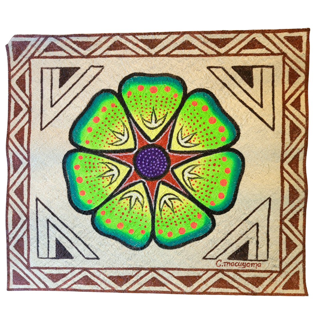 Kukama ayahuasca flower painting on llanchama tree bark canvas - made by Peruvian Amazon artists