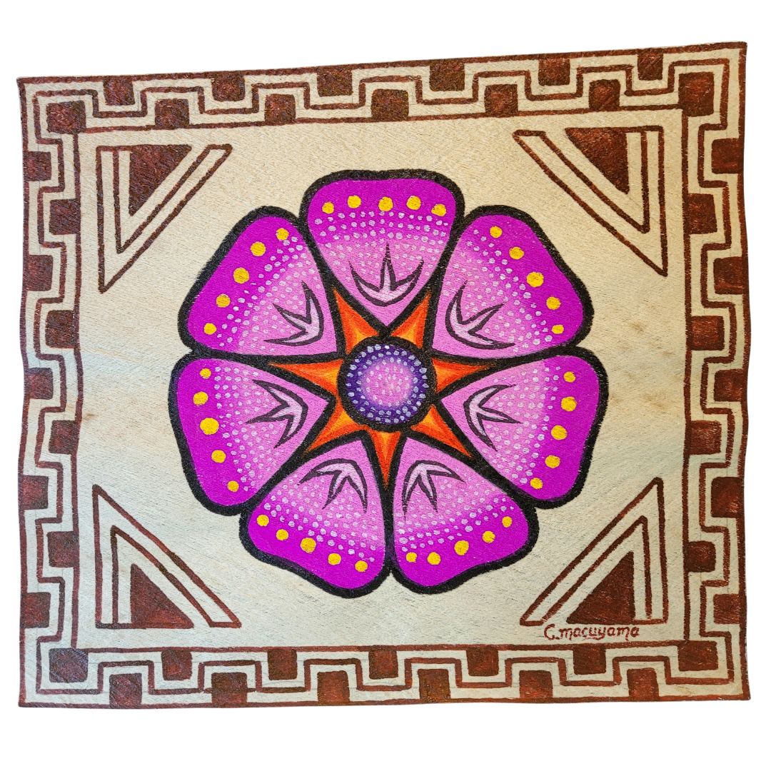 Kukama ayahuasca flower painting on llanchama tree bark canvas - made by Peruvian Amazon artists