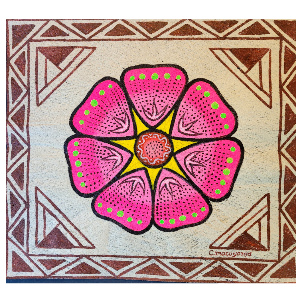 Kukama ayahuasca flower painting on llanchama tree bark canvas - made by Peruvian Amazon artists