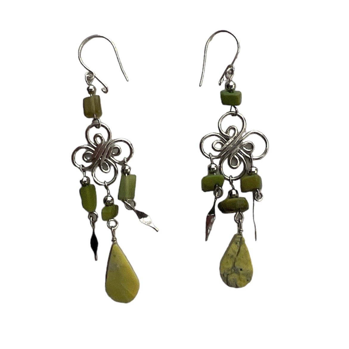 Dangly Silver Wire and Green Serpentine Earrings - Made by Peruvian Amazon Artisan