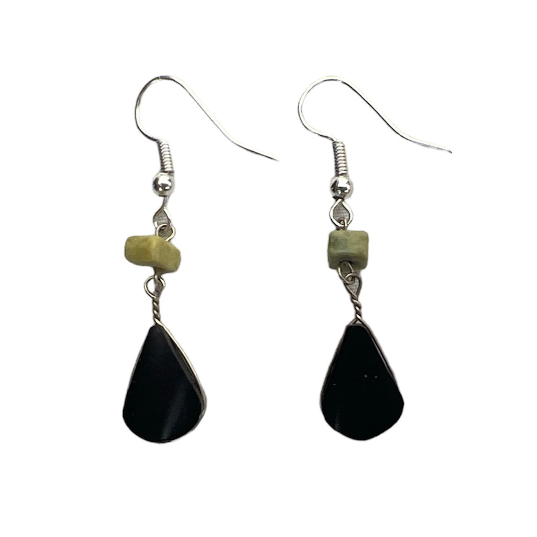 Teardrop Shaped Black Onyx and Green Serpentine Earrings