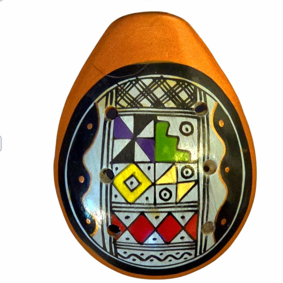 Ocarina ceramic flute with Shipibo and multi-colored designs from Peru