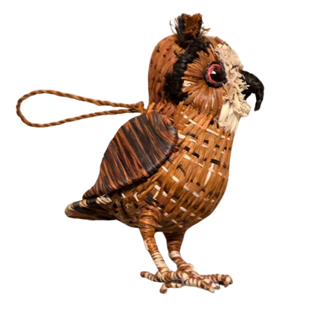 FANCIFUL OWLS - FAIR-TRADE CHRISTMAS TREE BIRD ORNAMENT - WOVEN BY PERUVIAN AMAZON ARTISAN