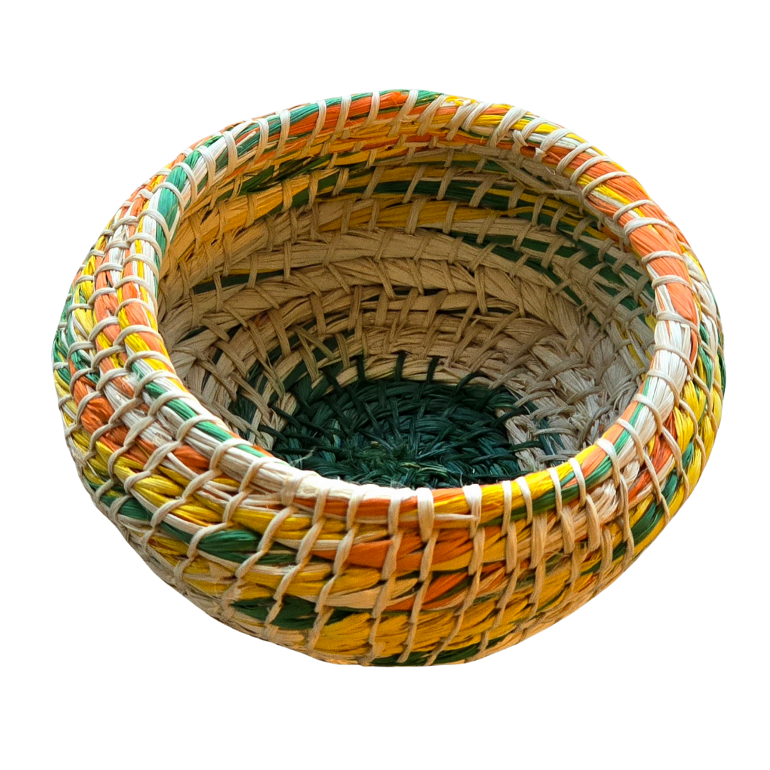 White chambira woven pots colored swirls with open top - handmade by Peruvian artisan