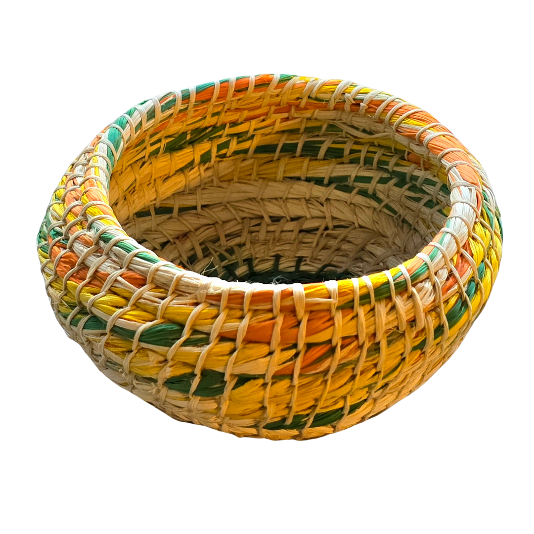 White chambira woven pots colored swirls with open top - handmade by Peruvian artisan
