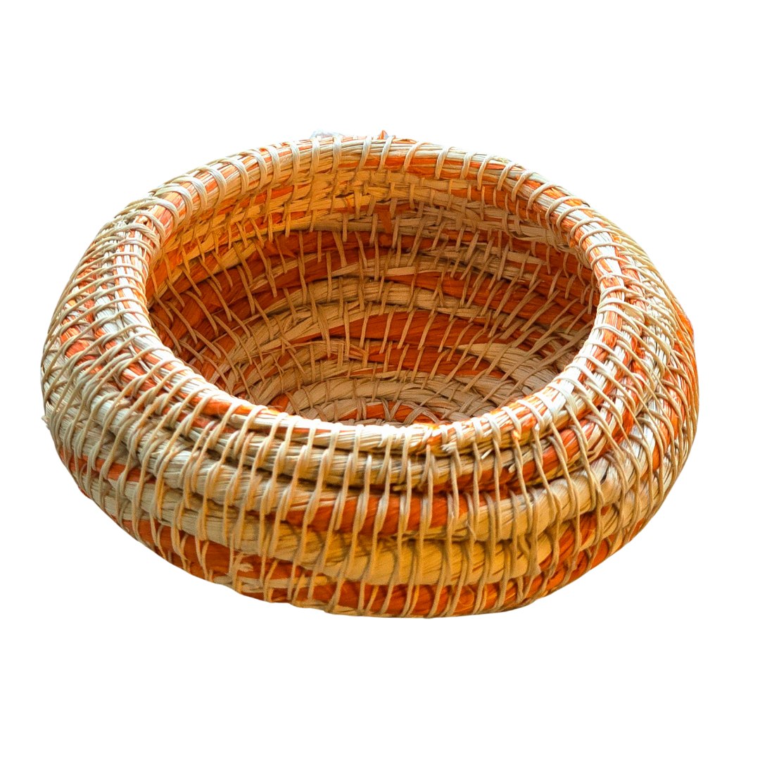 White chambira woven pots colored swirls with open top - handmade by Peruvian artisan