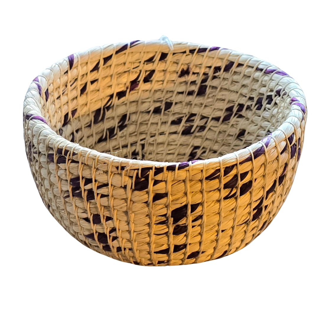 White chambira woven pots colored swirls with open top - handmade by Peruvian artisan