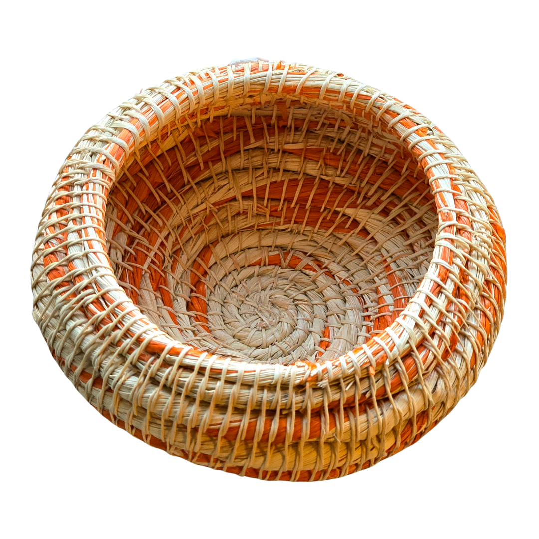 White chambira woven pots colored swirls with open top - handmade by Peruvian artisan