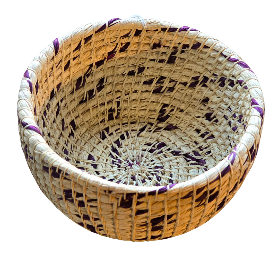 White chambira woven pots colored swirls with open top - handmade by Peruvian artisan
