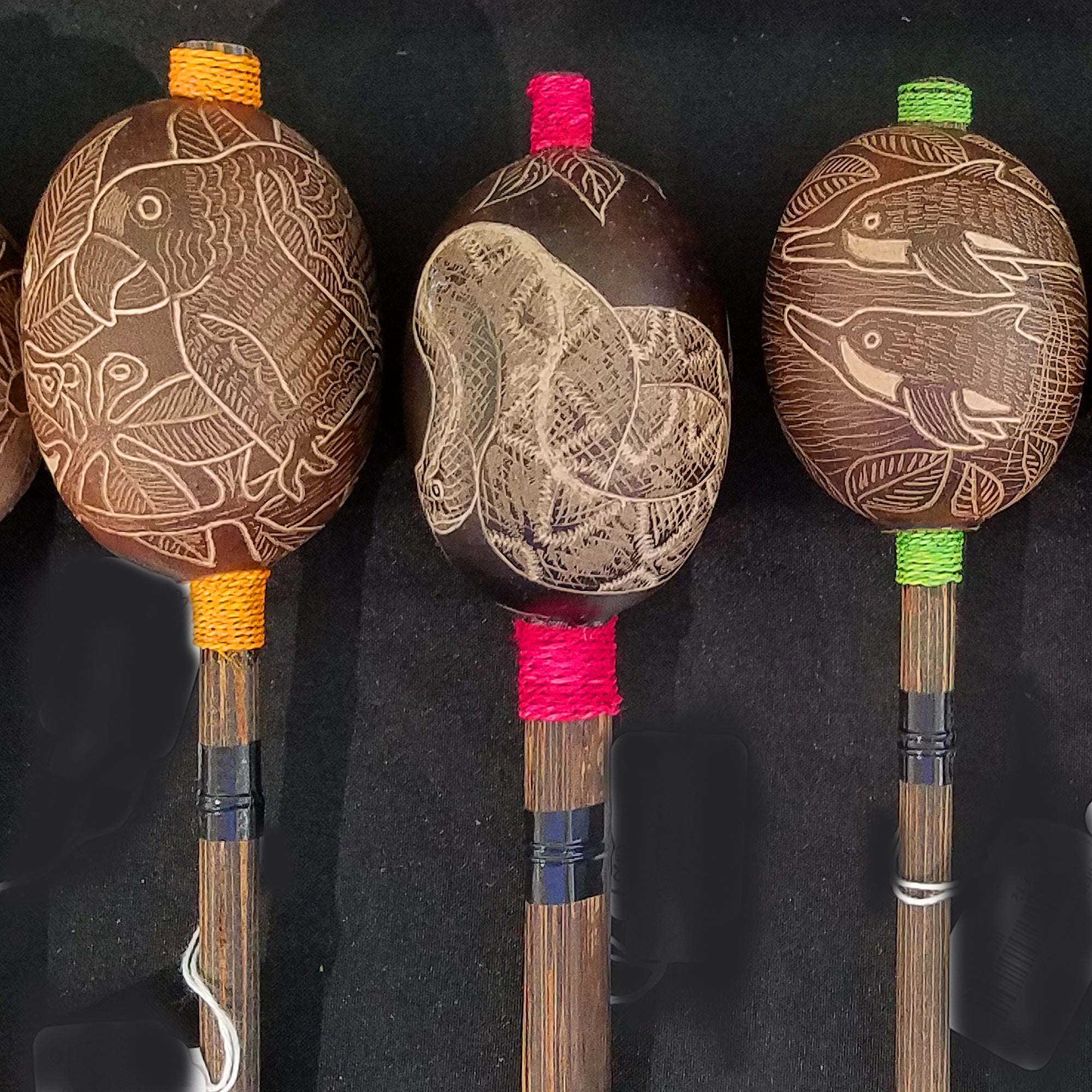 Calabash maraca carved with Bora native animal & graphic designs - made by Peruvian native artisans