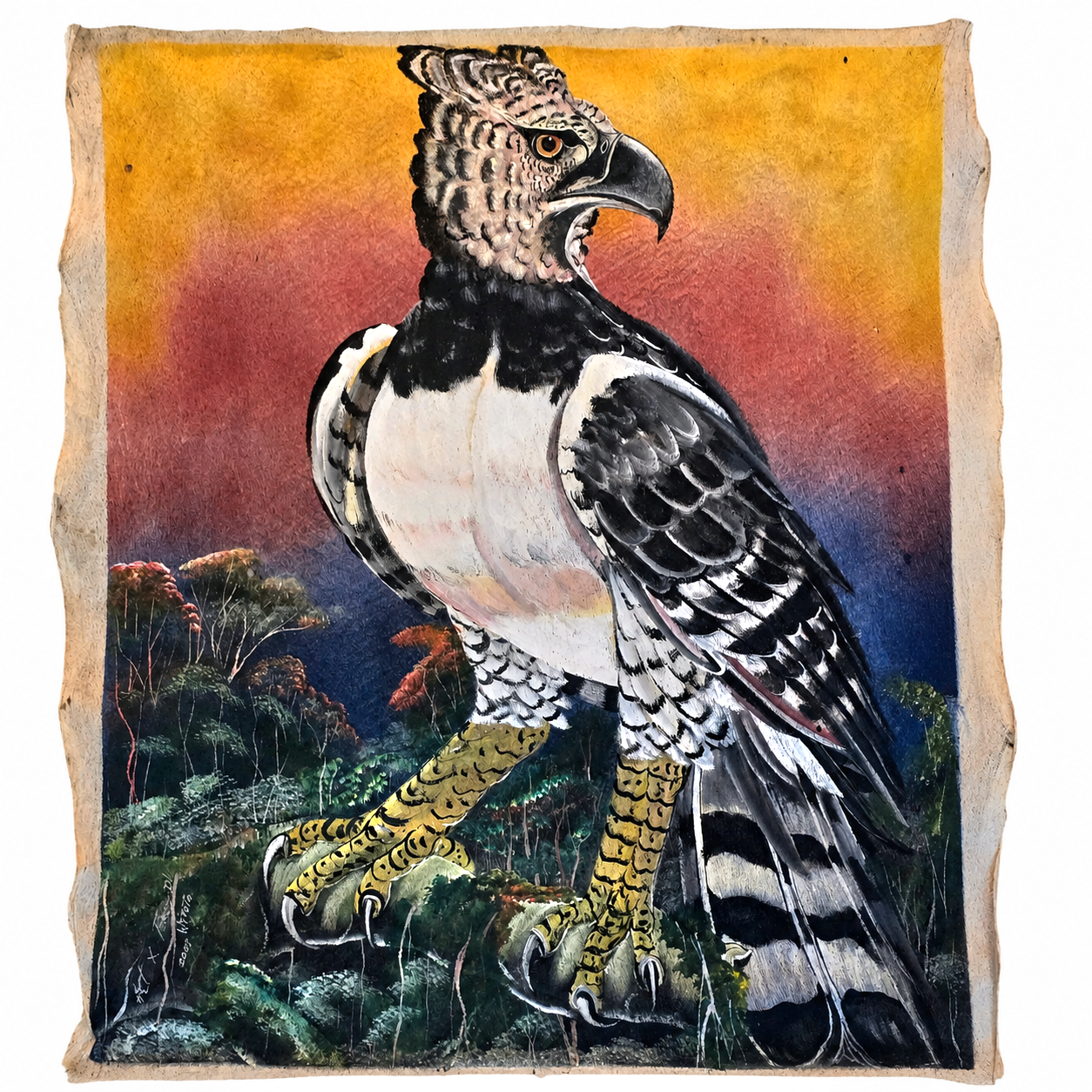 Harpy eagle painting on llanchama tree bark canvas by indigenous Huitoto artisans from the Peruvian Amazon (Copy) (Copy)