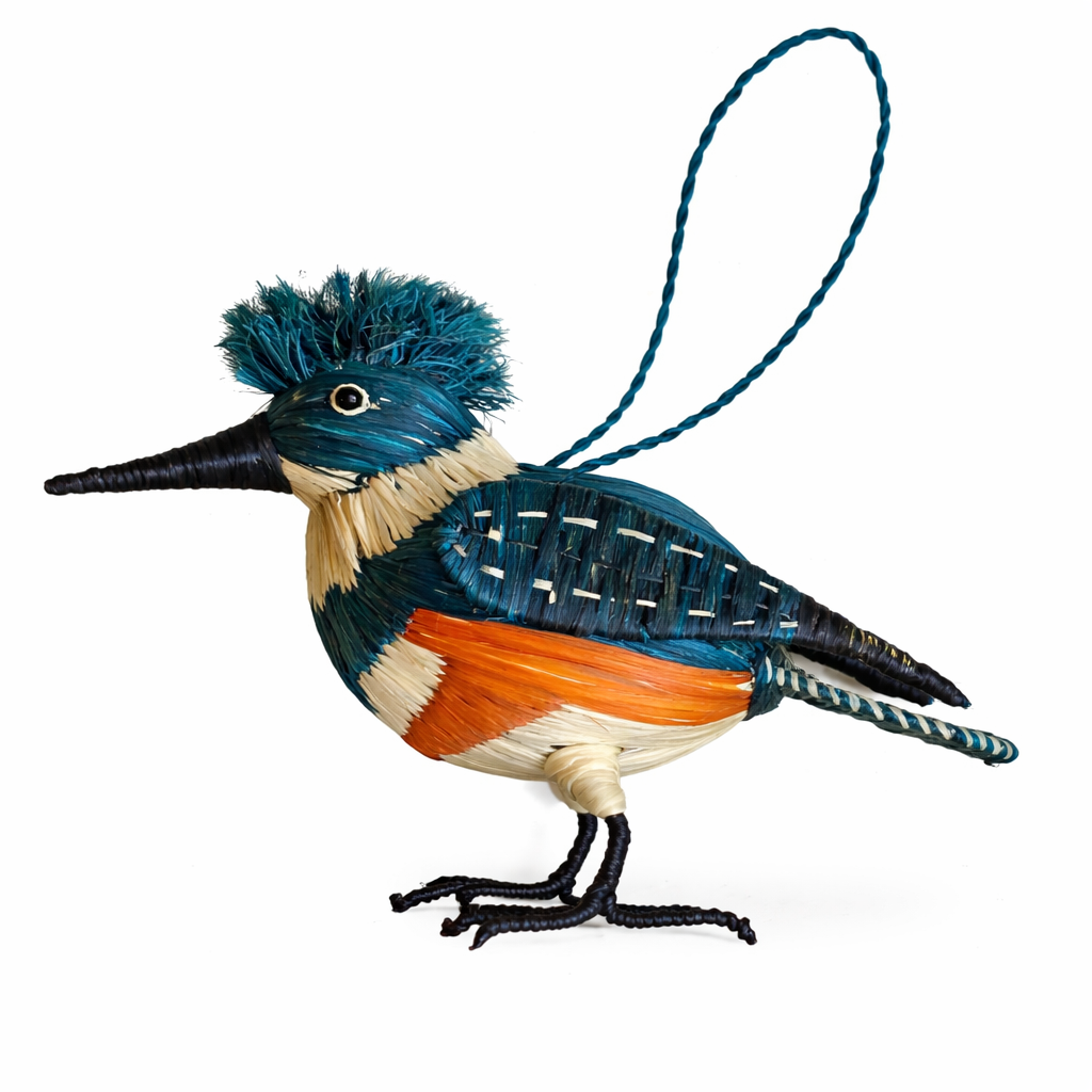 KINGFISHER WOVEN BIRD FAIR-TRADE CHRISTMAS TREE ORNAMENT - WOVEN BY PERUVIAN AMAZON ARTISAN - Amazon Ecology