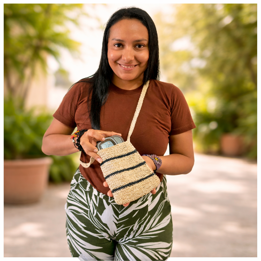 Black striped cross-body chambira cell phone holder - made by native Peruvian Amazon artisan - Amazon Ecology