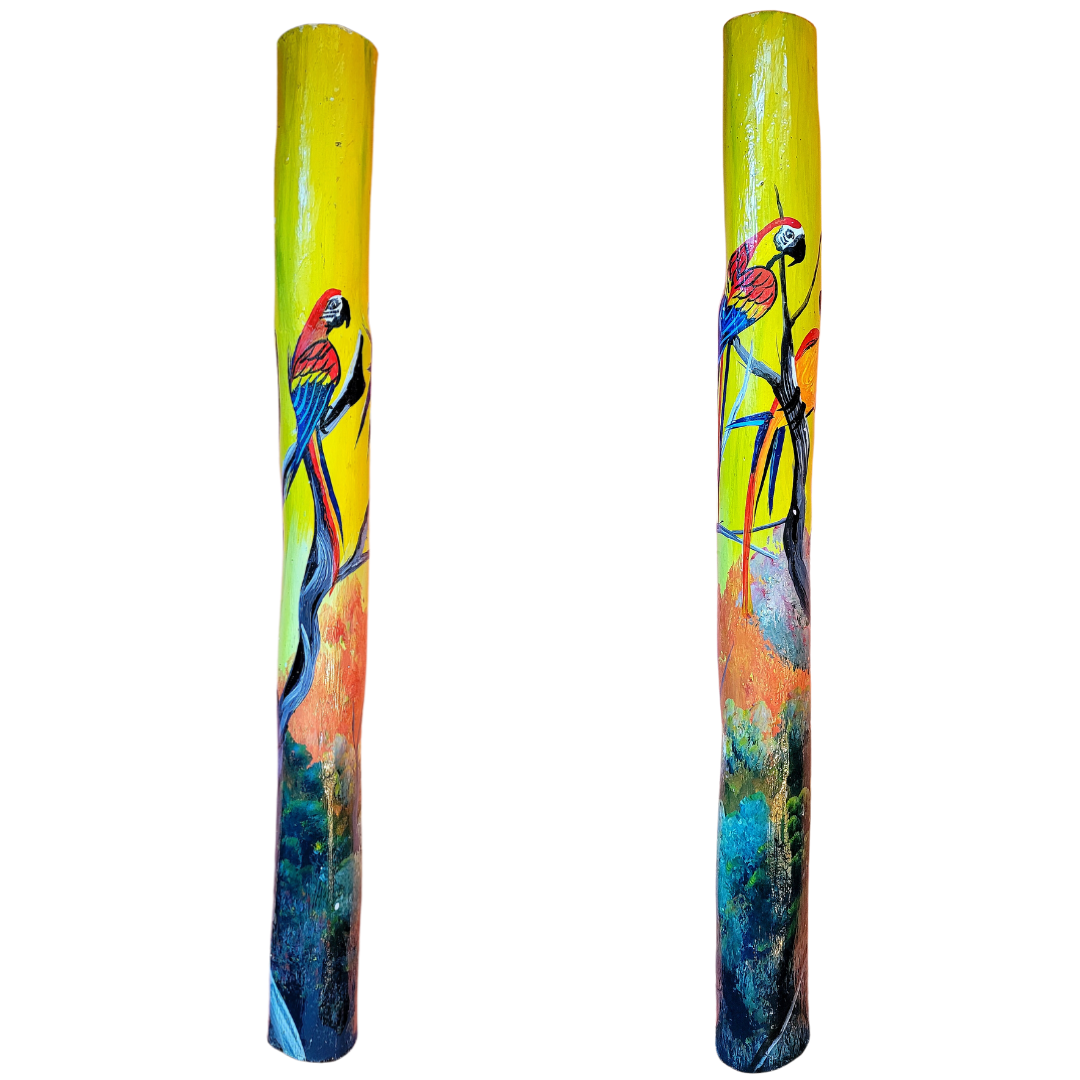 Rainsticks with wildlife and native designs from the Peruvian Amazon