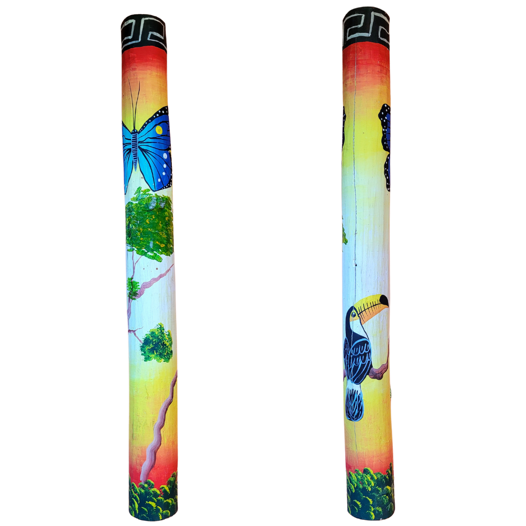 Rainsticks with wildlife and native designs from the Peruvian Amazon