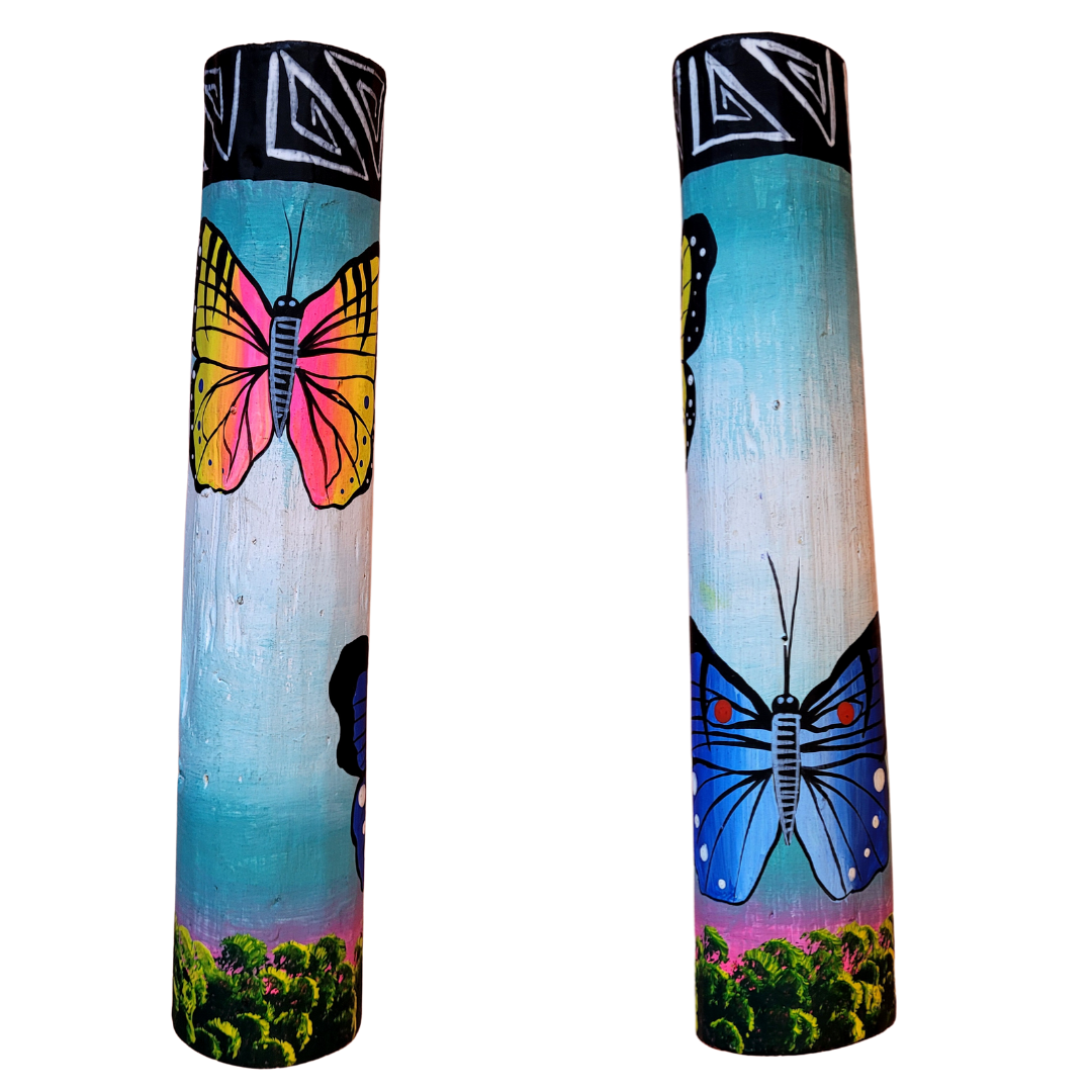 Rainsticks with wildlife and native designs from the Peruvian Amazon