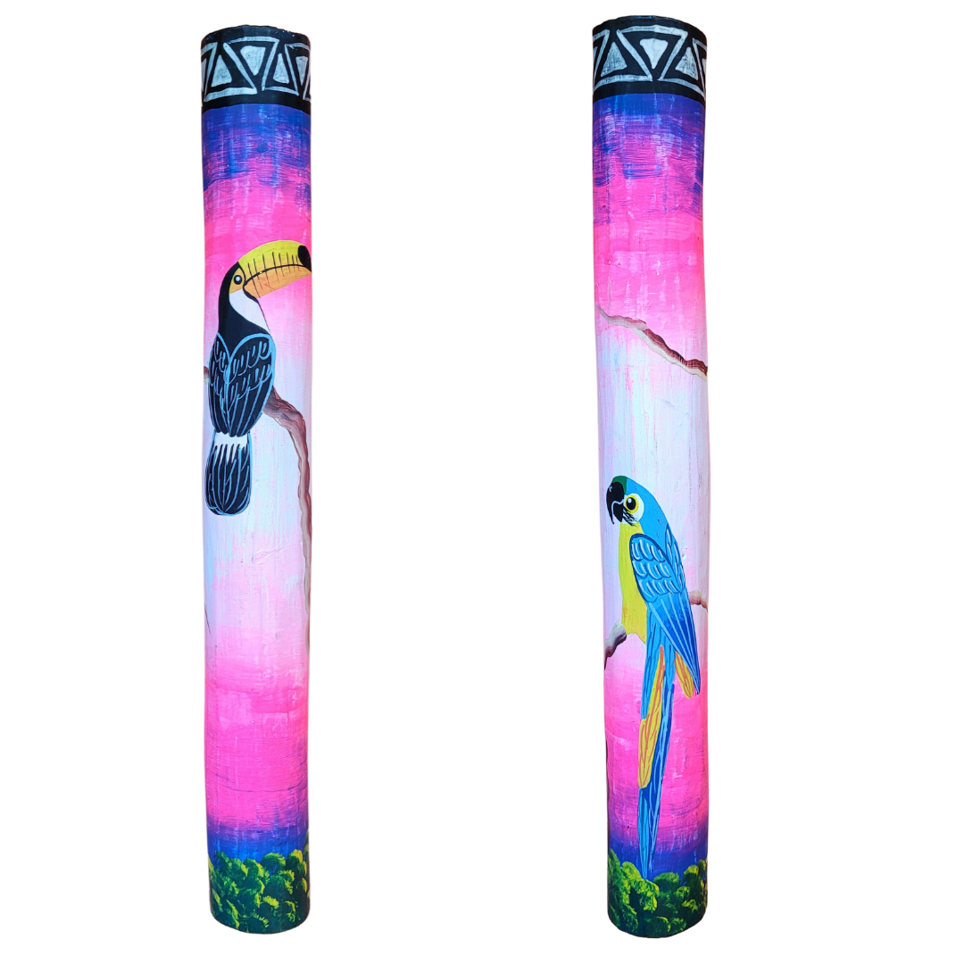 Rainsticks with wildlife and native designs from the Peruvian Amazon