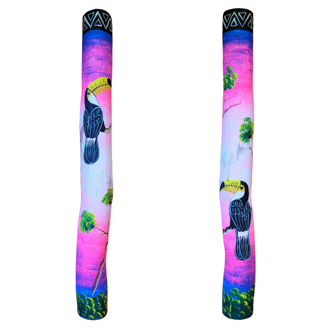 Rainsticks with wildlife and native designs from the Peruvian Amazon