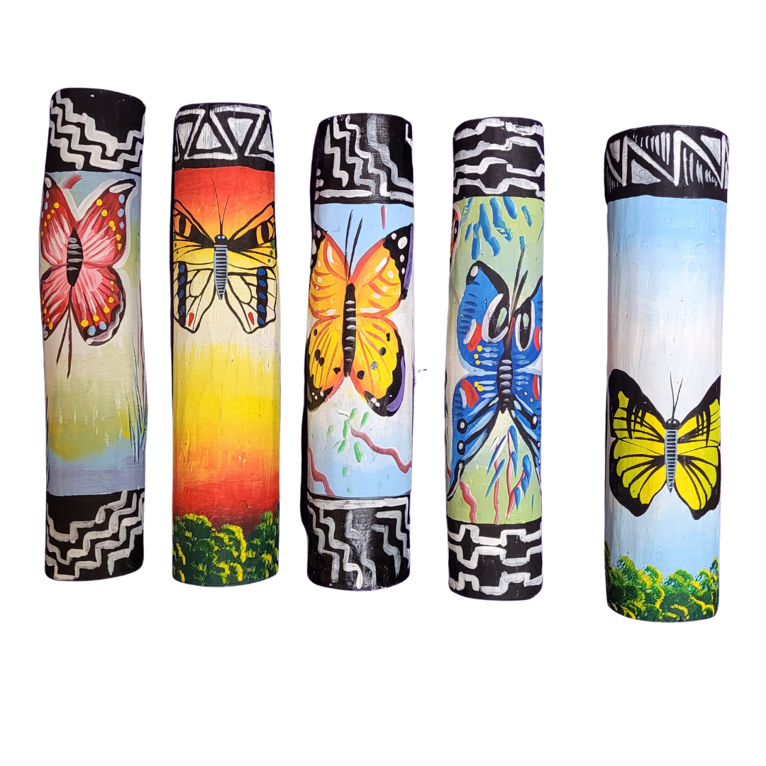 Rainsticks with wildlife and native designs from the Peruvian Amazon