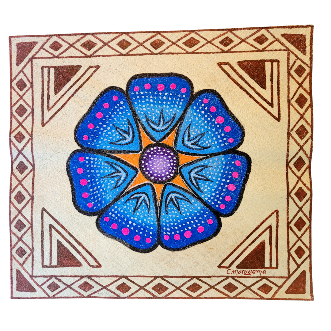 Kukama ayahuasca flower painting on llanchama tree bark canvas - made by Peruvian Amazon artists