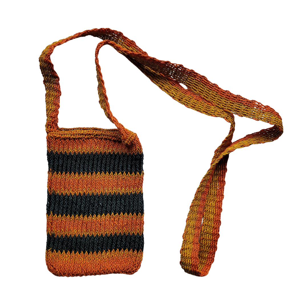 Black, orange and yellow striped hand-made cell phone holders - made by Peruvian native artisans