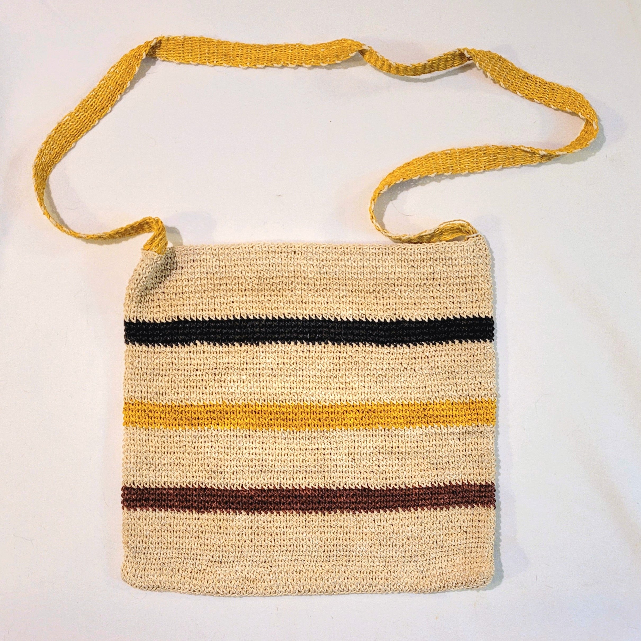 Handmade Chambira Shoulder Bag from Peru with black, yellow and maroon stripes