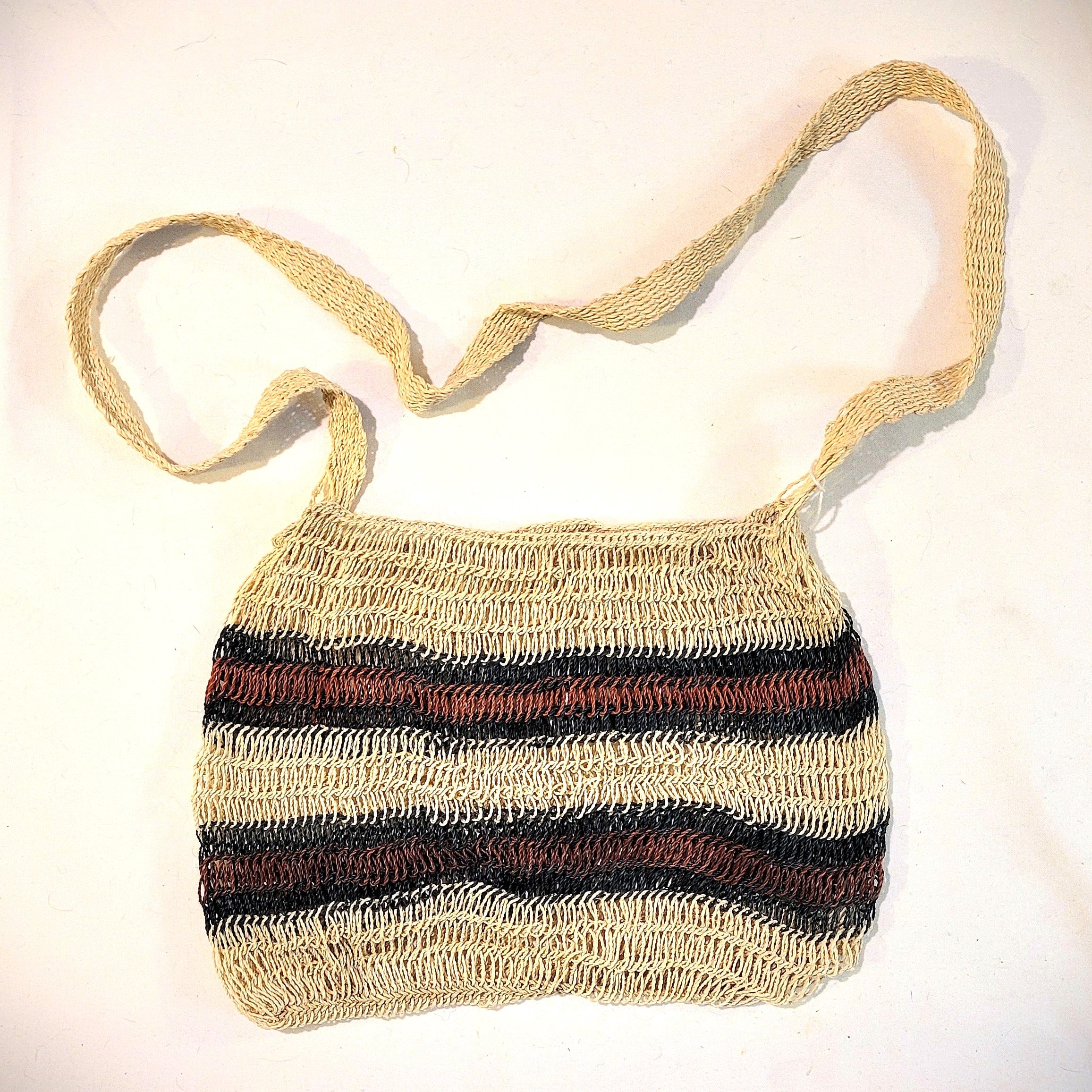 Natural Earth Tone crochet chambira palm fiber striped Shoulder Bag made in the Peruvian Amazon