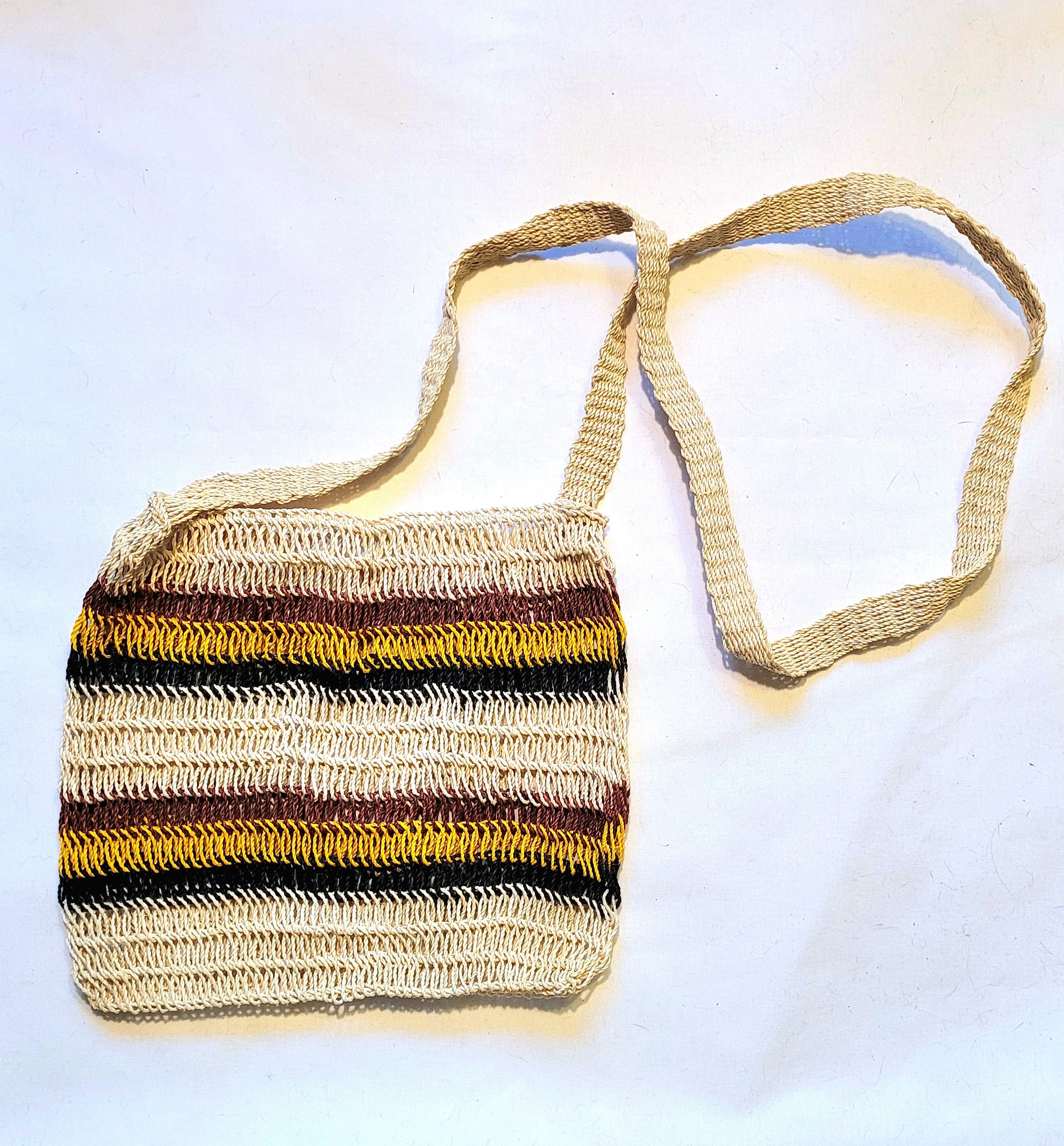 Natural Earth Tone crochet chambira palm fiber striped Shoulder Bag made in the Peruvian Amazon