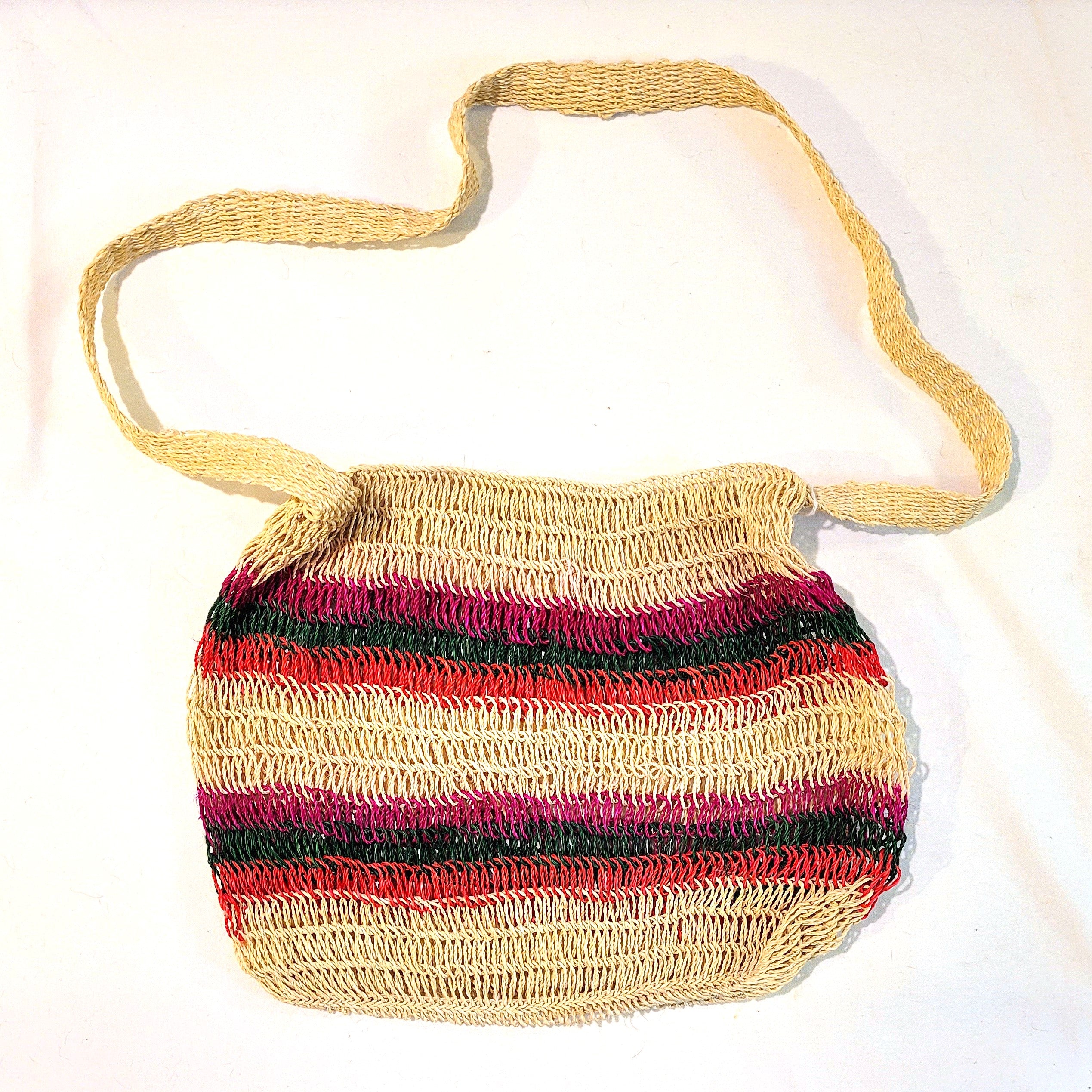 Multi-colored crochet Chambira Palm Fiber Striped Shoulder Bag made in the Peruvian Amazon