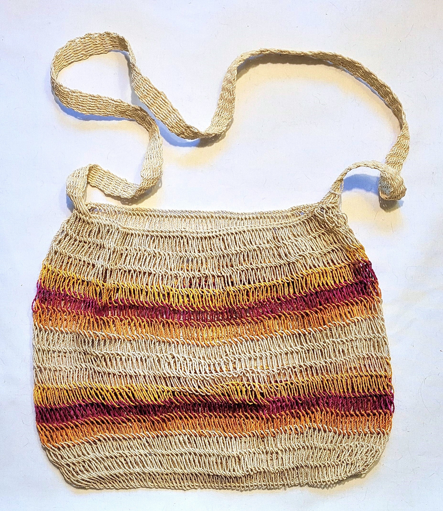 Multi-colored crochet Chambira Palm Fiber Striped Shoulder Bag made in the Peruvian Amazon