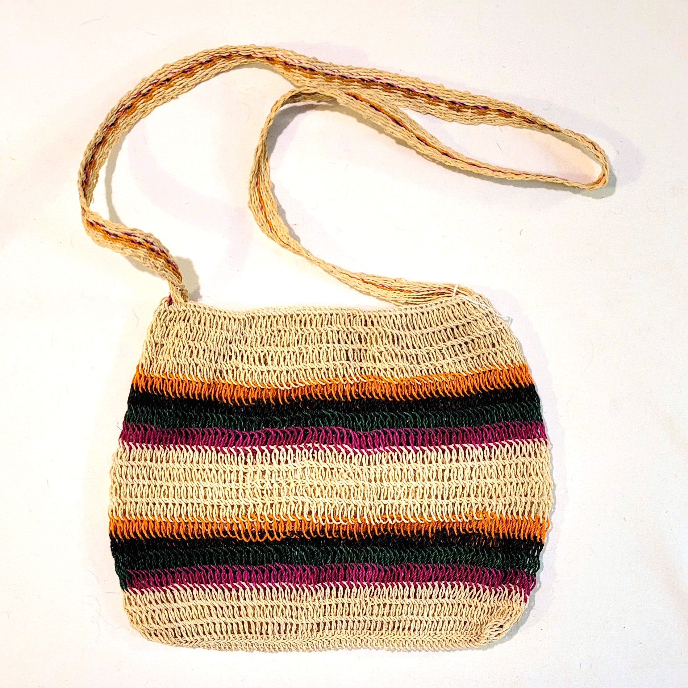 Multi-colored crochet Chambira Palm Fiber Striped Shoulder Bag made in the Peruvian Amazon