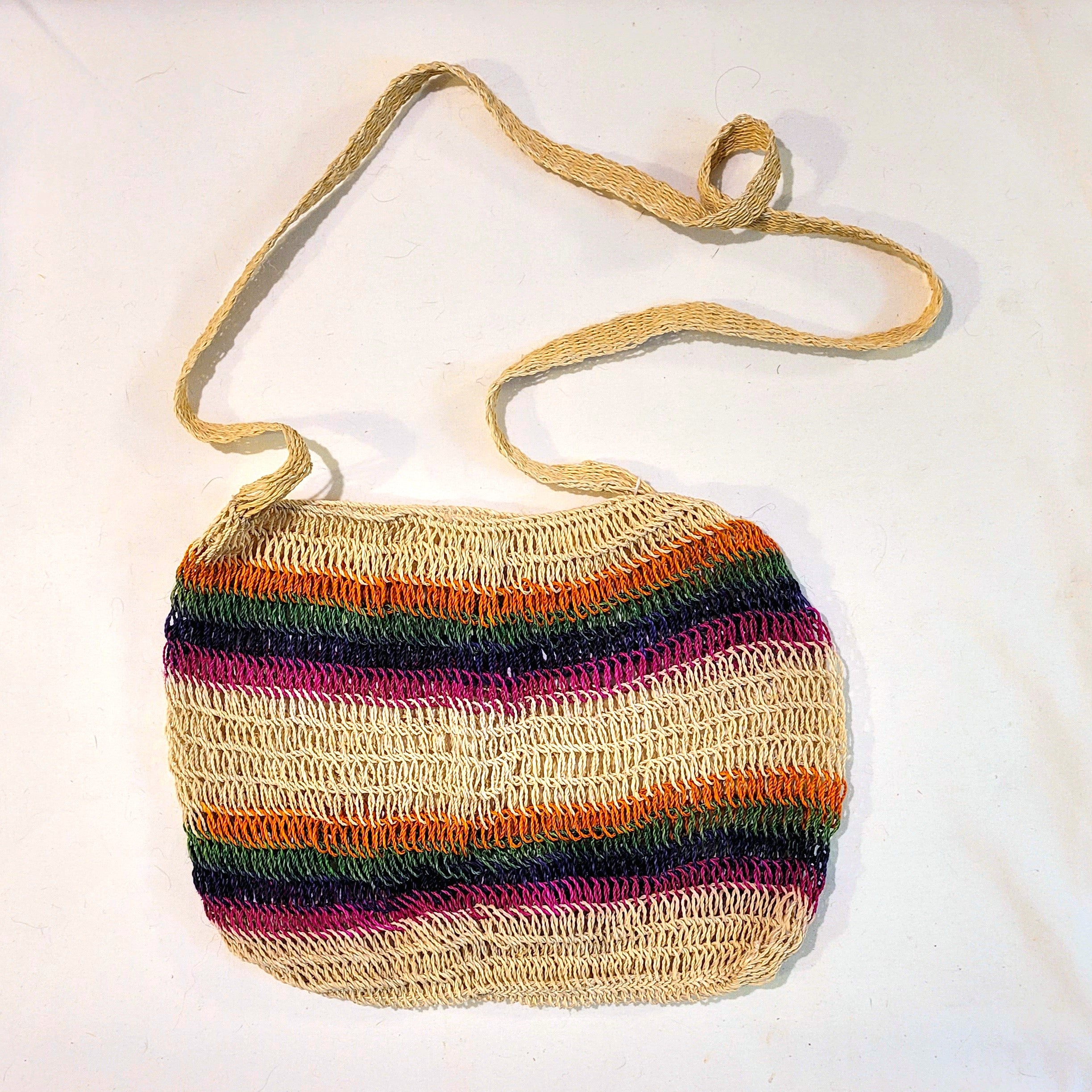 Multi-colored crochet Chambira Palm Fiber Striped Shoulder Bag made in the Peruvian Amazon