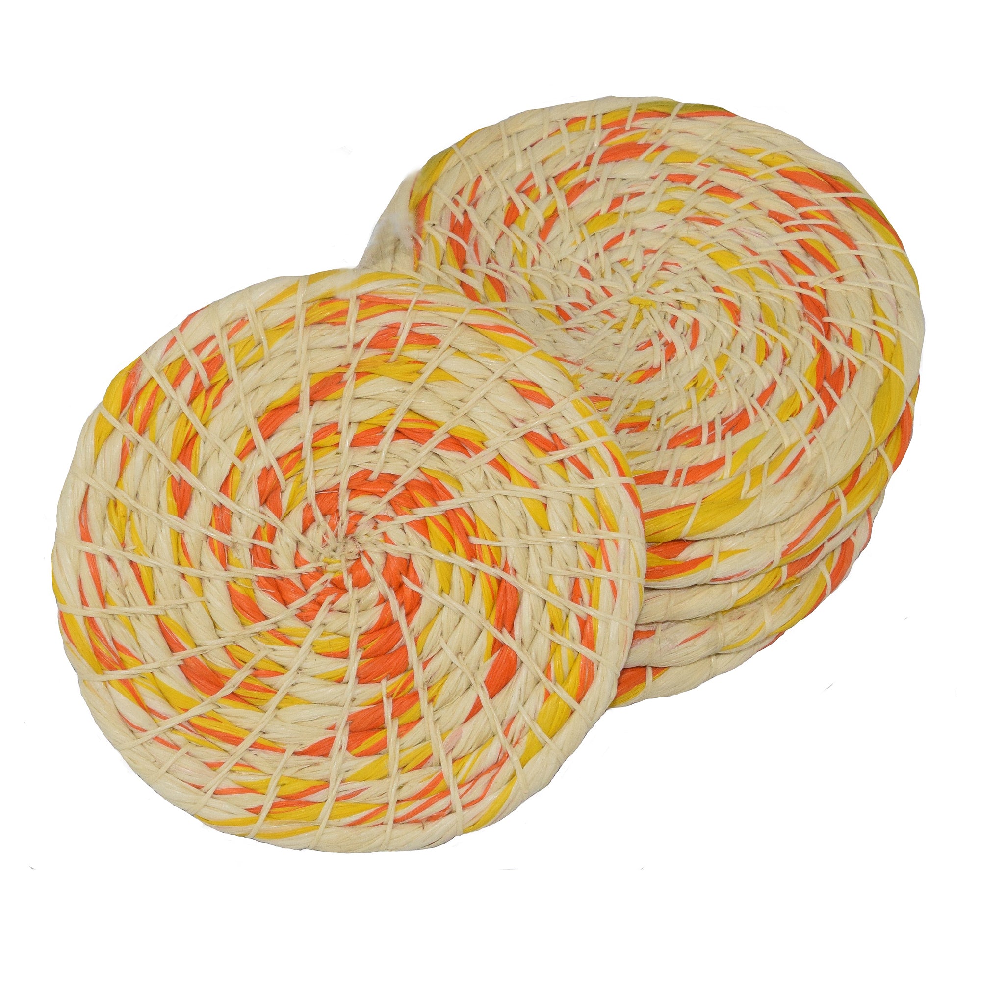 Chambira woven coasters with colored swirl- handmade by Peruvian artisans