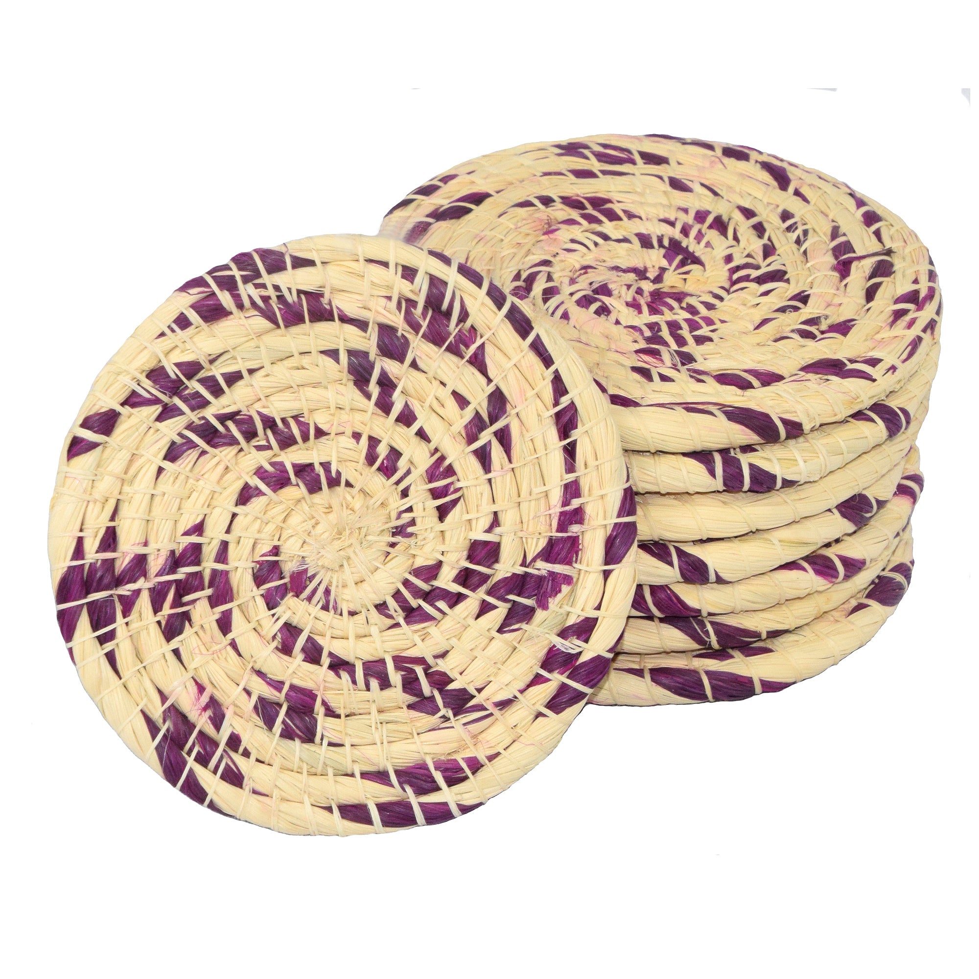 Chambira woven coasters with colored swirl- handmade by Peruvian artisans