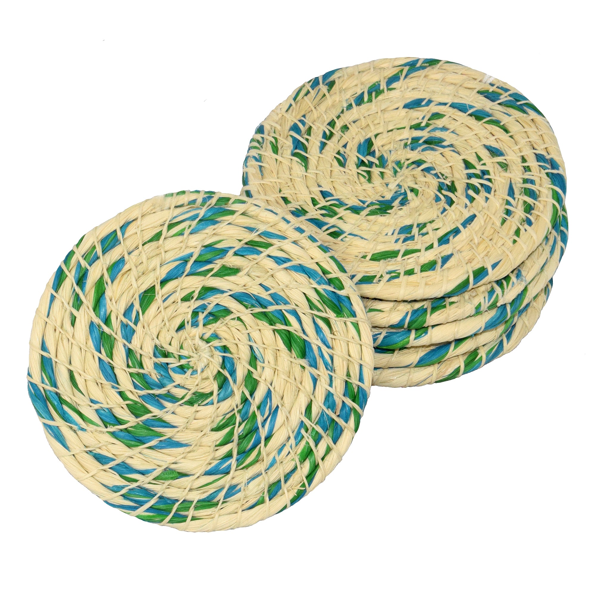 Chambira woven coasters with colored swirl- handmade by Peruvian artisans