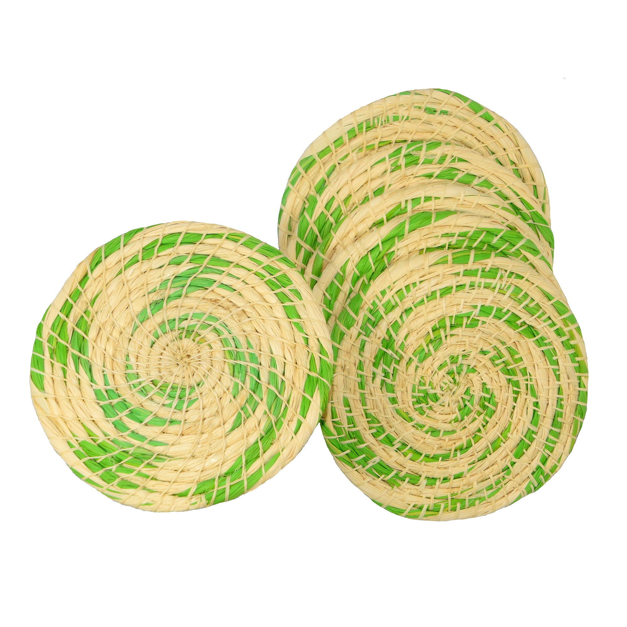 Chambira woven coasters with colored swirl- handmade by Peruvian artisans