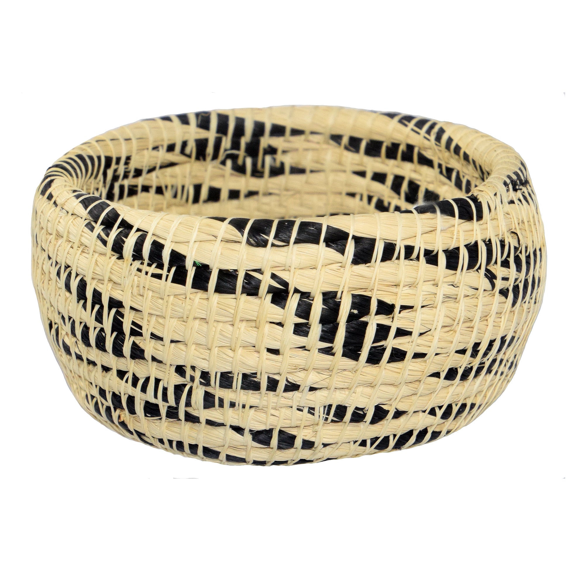 White chambira woven pots colored swirls with open top - handmade by Peruvian artisan