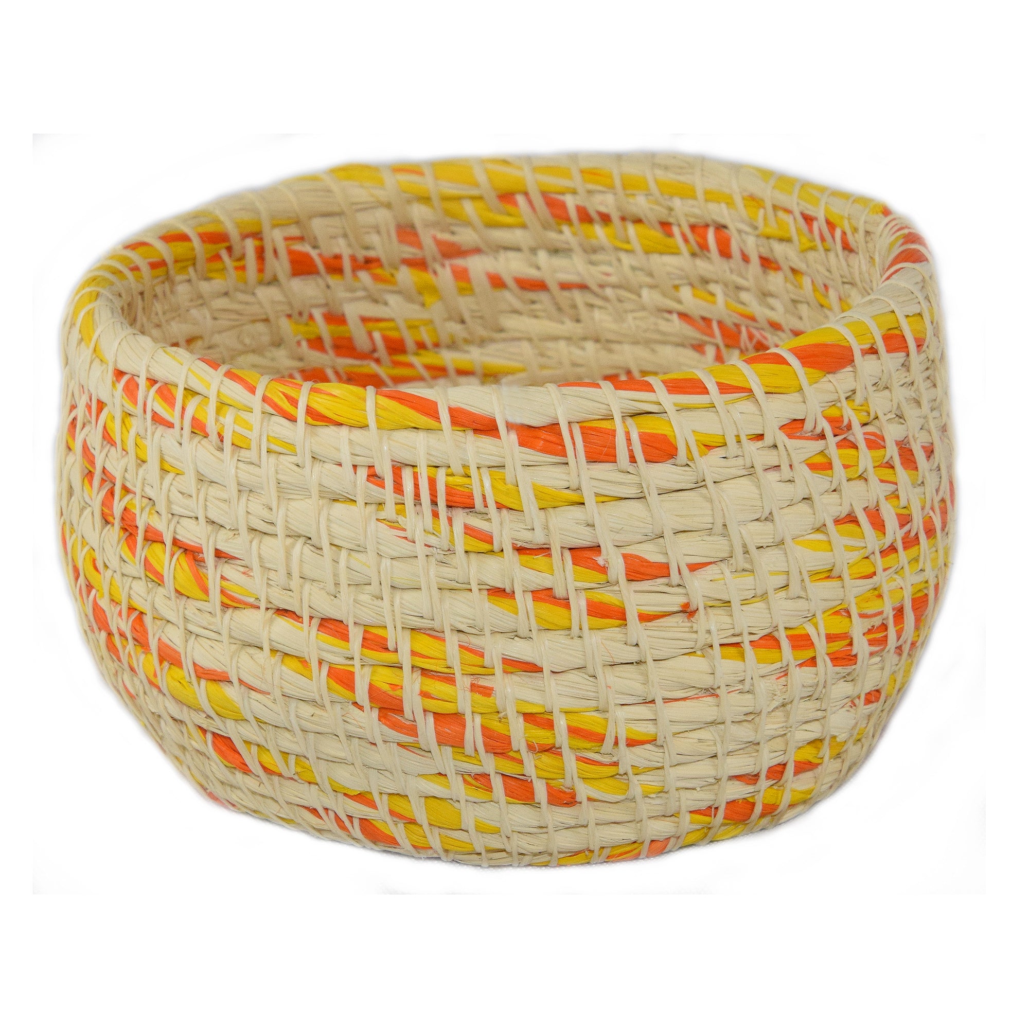 White chambira woven pots colored swirls with open top - handmade by Peruvian artisan